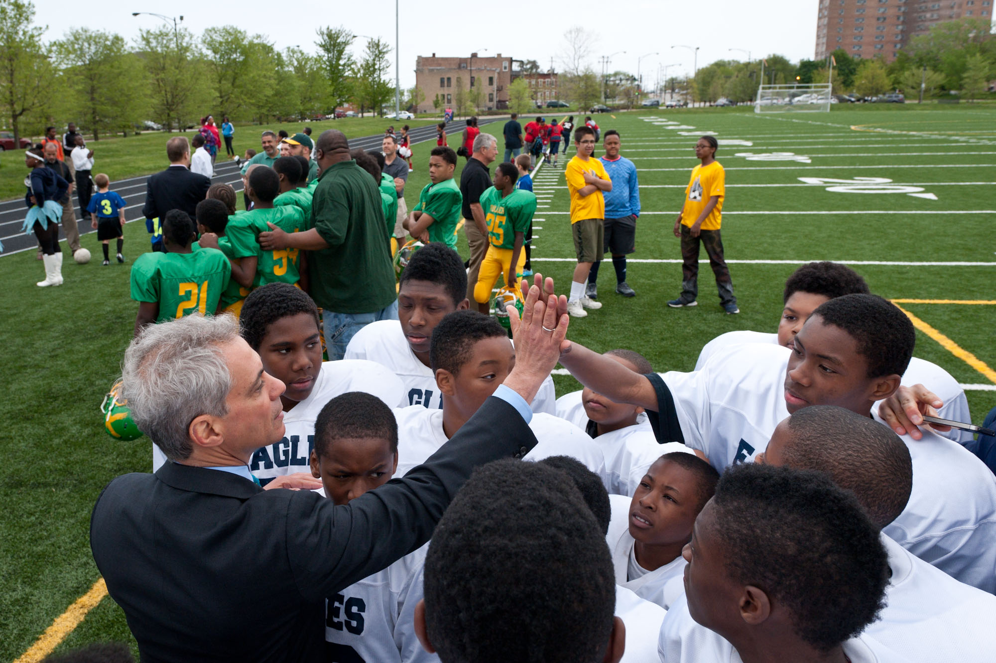 Mayor Rahm Emanuel joins Chicago Park District and Chicago Public School children and members of the community to celebrate the opening of a new athletic field at Mandrake Park.  